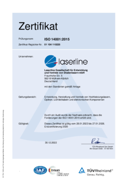Zertifikat Umwelt ISO 14001:2015 gültig von 2020 bis 2023 Deutsch