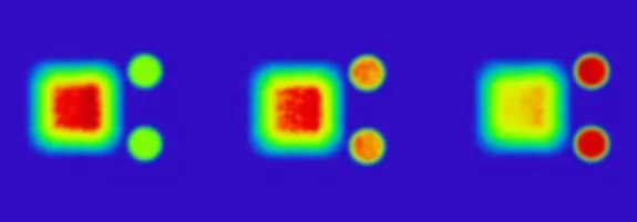 Three heatmaps showing the Triple Spot method with spots intensifying from green to red on blue by Laserline diode lasers