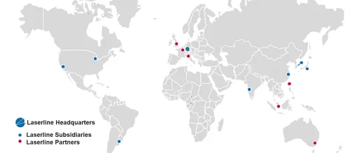 Locations of Laserline distributors and subsidiaries on a world map by Laserline diode lasers