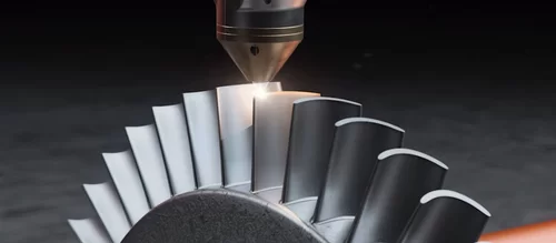 Close-up of laser additive manufacturing on a turbine blade by Laserline diode lasers