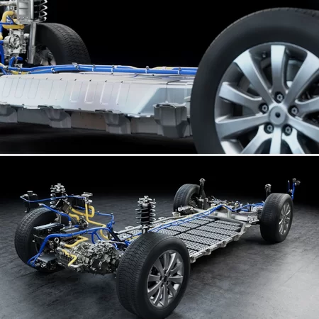 Body of a car suspension with a battery pack housed in an aluminum box welded by precision power laser from Lincoln Electric by Laserline diode lasers