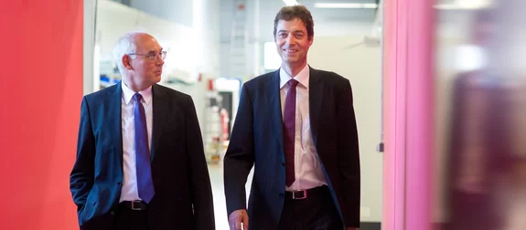 Christoph Ullmann and Volker Krause walking through Laserline production hall