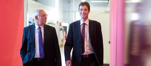 Christoph Ullmann and Volker Krause walking through Laserline production hall