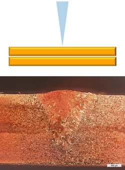 Close-up of two copper sheets welded together with an overlap weld by Laserline diode lasers