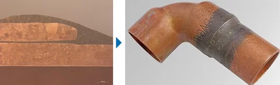 A copper tube and a close-up of copper pipes brazed together with laser by Laserline diode lasers