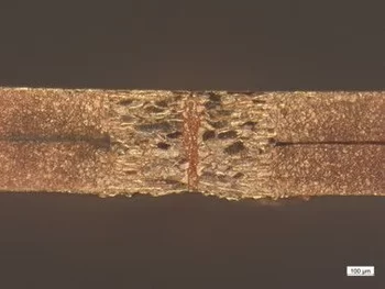 Close-up of two copper sheets welded together with a butt weld by Laserline diode lasers