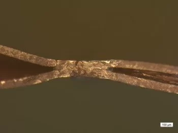 Close-up of two copper sheets welded together with laser by Laserline diode lasers